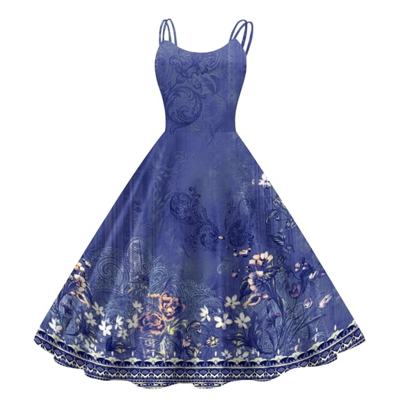 Abcomgle Girls Sleeveless Camisole Dresses Casual A-Line Sleeveless Camisole Dresses Spaghetti Strap Pleated Vintage Floral Print Swing Sundresses for 4-14t Kids,Royal Blue,5-6Years