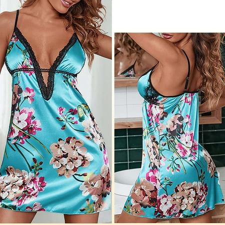 

Jerdar Nightgowns for Women Soft Breathable Nightgown Sexy Lace Patchwork Suspender Skirt Nightdress Short Nightdress Sky Blue L