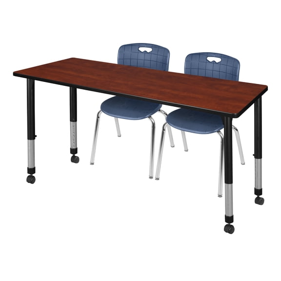 Regency Kee 72" x 30" Height Adjustable Mobile Classroom Table - Cherry & 2 Andy 18-in Stack Chairs- Navy Blue