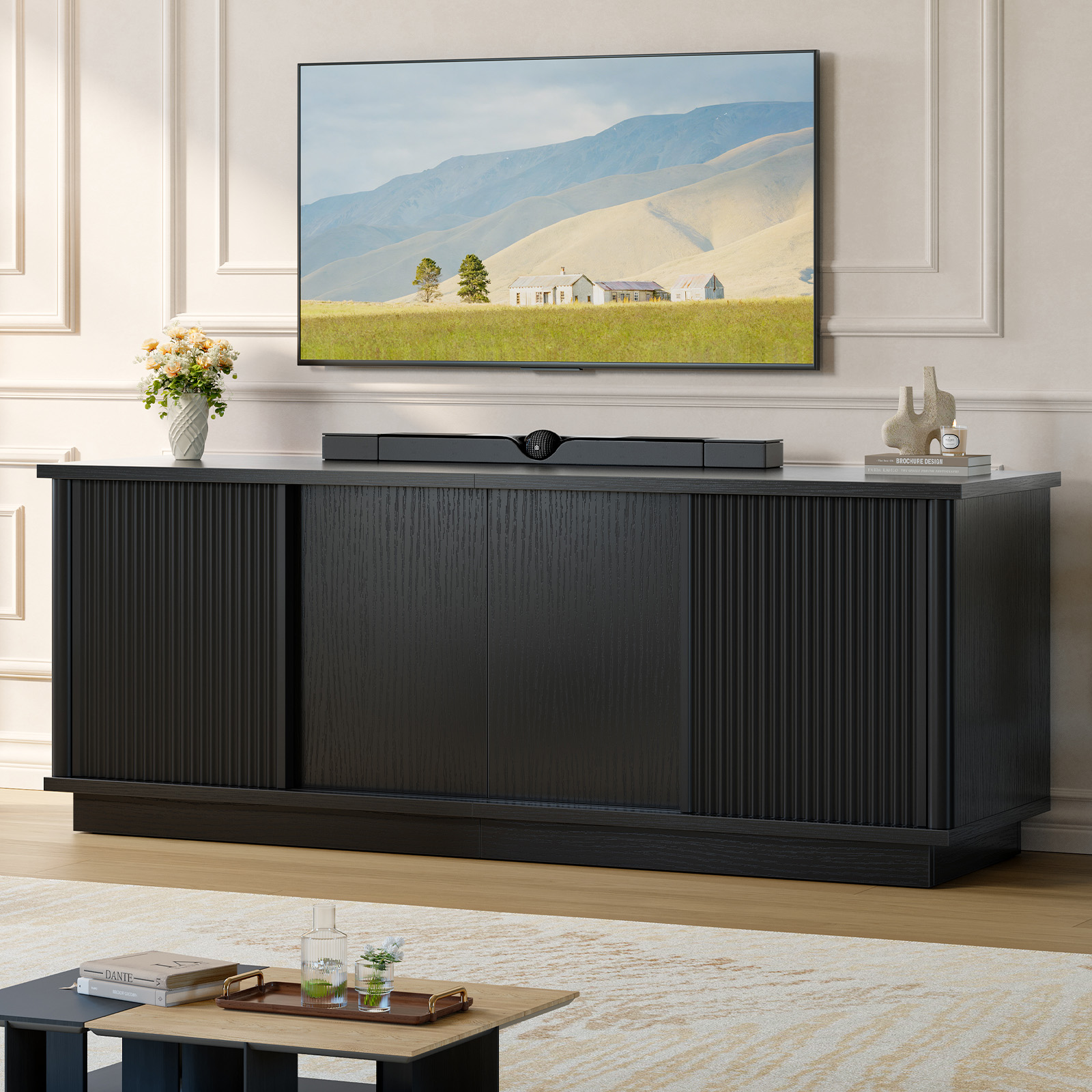 Bestier 70" TV Stand with Sliding Door, Black photo 7