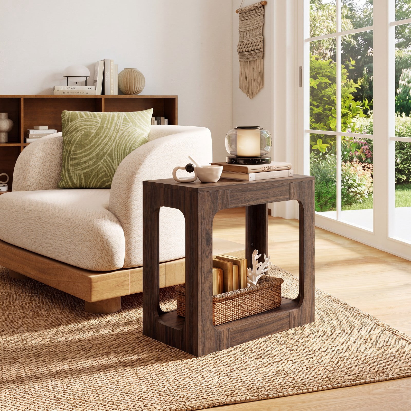 Furnibear 2 Tier End Table with Storage Shelf and Rustic Wood Grain Top for Living Room Bedroom and Sofa Side Accent Space, Oak