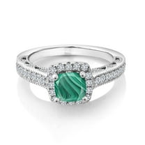 Gem Stone King 925 Sterling Silver Green Malachite and White Created Sapphire Ring for Women (2.08 Cttw, Cushion 6MM, Gemstone Birthstone, Available in Size 5, 6, 7, 8, 9)