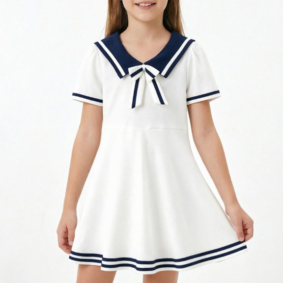 EnJoCho Girls Sailor Dress Kids Short Sleeve Navy White College Style A Line Uniform Dress with Bowknot Summer Nautical School Casual Wear Nautical