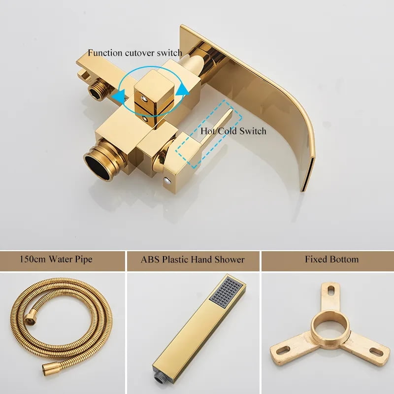 Gold Freestanding Bathtub Faucet Tub Filler Floor Mounted Hand Shower Mixer