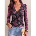 thumbnail image 6 of PRETTYGARDEN Womens Floral Mesh Wrap Top V Neck Long Sleeve Shirts | Soft Stretchy Lightweight, Lined, Slim Fit Ruched Waist, Dressy Casual Blouses for Work, Daily, Going Out, Fall Clothes, 6 of 9