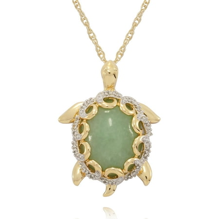 Green Jade Turtle with 1/10 Carat T.W. Diamond Accent 18kt Yellow Gold over Sterling Silver Pendant, 18