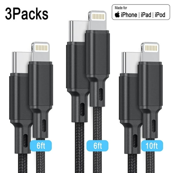 Cshidworld USB C to Lightning Cable [MFi Certified] 3Pack 6/6/10 FT Nylon Braided Charger Cable, Type C Charging Cord Compatible with iPhone 14/13/13 Pro Max/12/12 ProMax/11/XS/XR/X/8/iPad