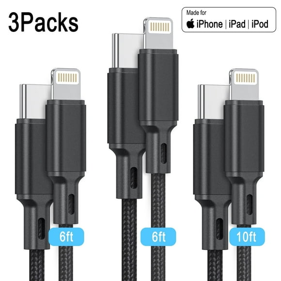 Cshidworld USB Cable C a Lightning [Certificado por MFi] Paquete de 3 Cables de Carga Trenzados de Nailon de 6/6/10 Pies, Cable de Carga Tipo C Compatible con iPhone 14/13/13 Pro Max/12/12 ProMax/11/