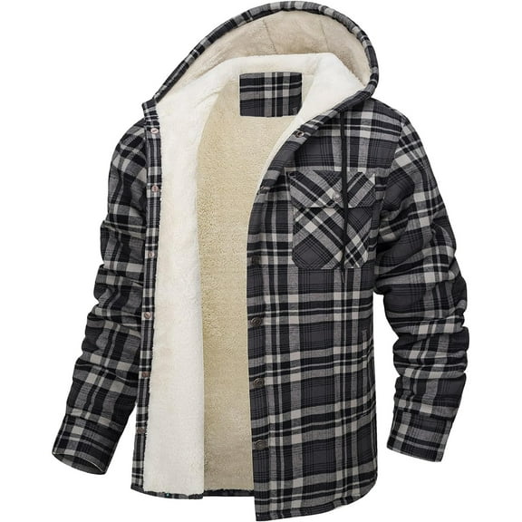 Xyxonk Mens Sherpa Lined Fleece Shirts Jacket Plaid Flannel Button Down Hoodies Heavyweight Winter Warm Coat with Pocket,Gray L