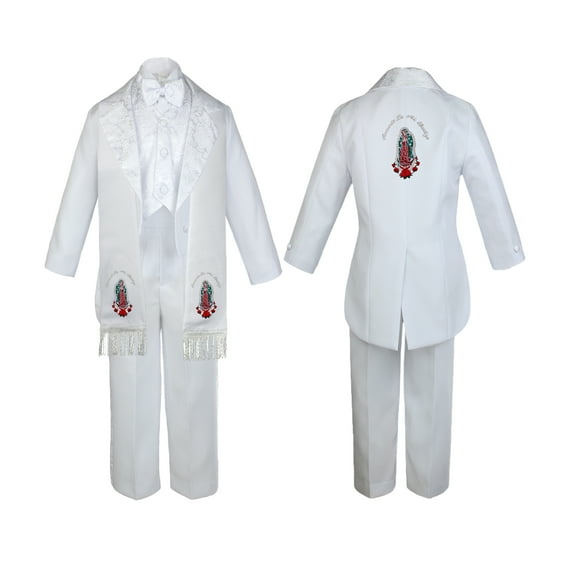 Baby Boy Teen Baptism Formal White Tail Suit Silver Gold Maria on Stole & Back Sm-20