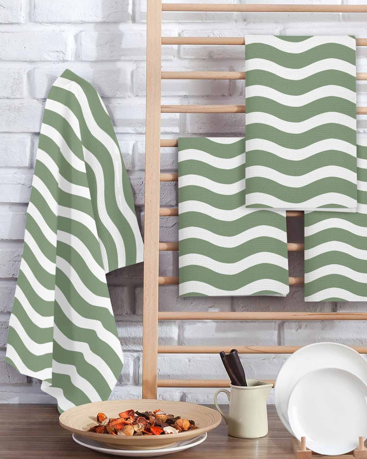 Sage Green Striped Kitchen Dish Towels for Drying Dishes Set of 3, Modern Waves Abstract Water Ripple Waffle Weave Microfiber Terry Hand Tea Bathroom Towels Quick Dry & Absorbent Towel 15.7x23.6