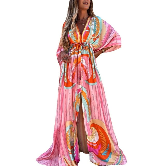 Femmes Maxi Robe Longue Vacances Boho Paisley Impression Fente Rayé Dames Été
