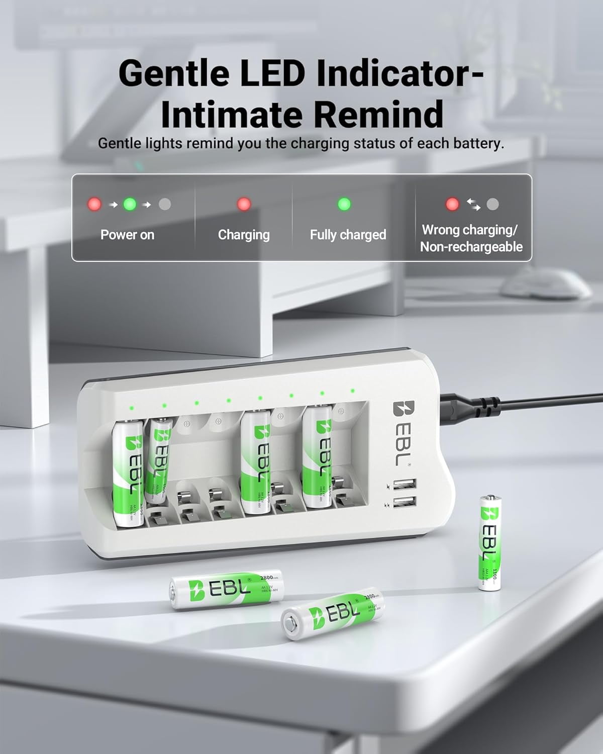 2800mAh Ni-MH AA Rechargeable Batteries (8 Pack) and AAA Battery Charger with 2 USB Charging Ports