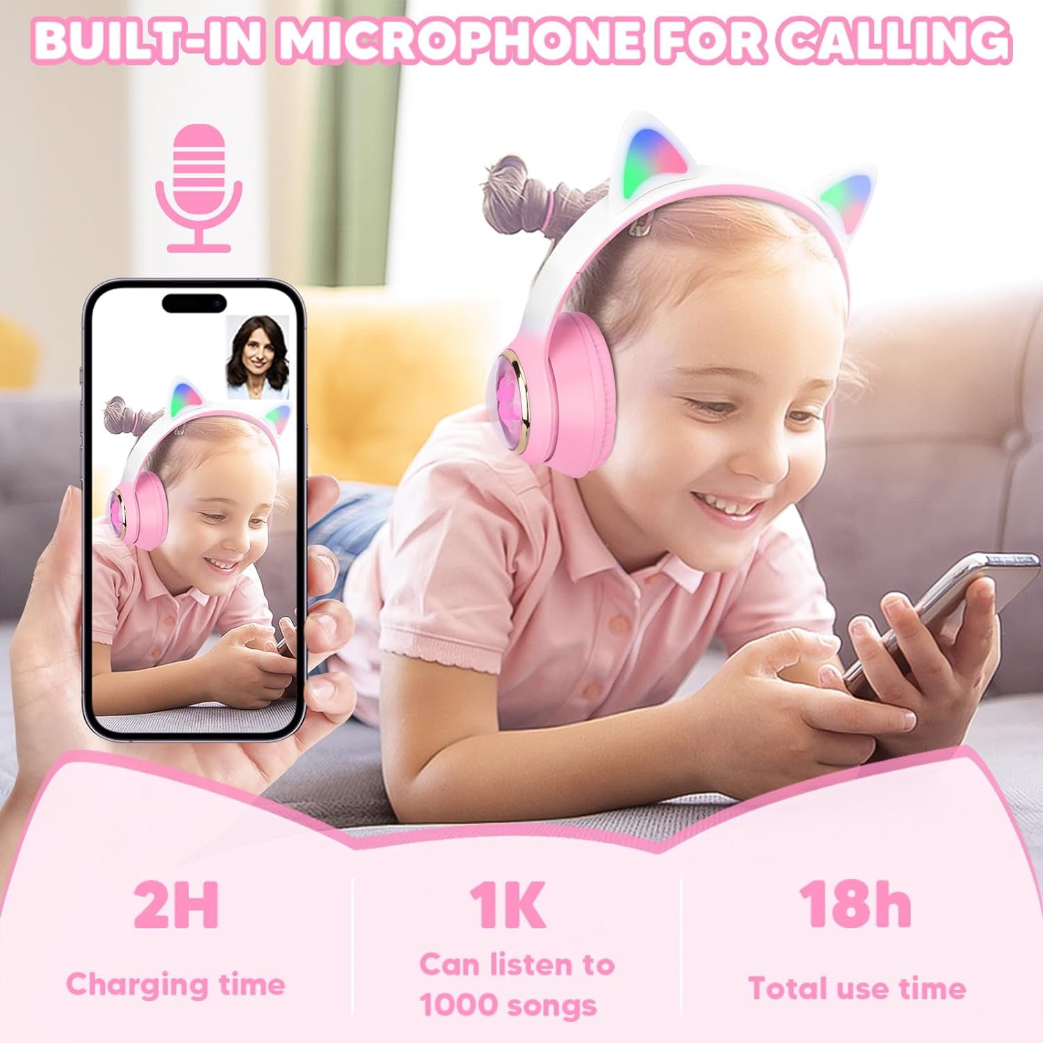 QearFun Cat Headphones with LED Lights for Girls Kids for School,Kids Bluetooth Headphones with Microphone & 3.5mm Jack, Teens Toddlers Wireless Headphones with Adjustable Headband for Tablet/PC-Pink