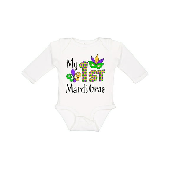 Inktastic My 1st Mardi Gras with Mask Boys or Girls Long Sleeve Baby Bodysuit