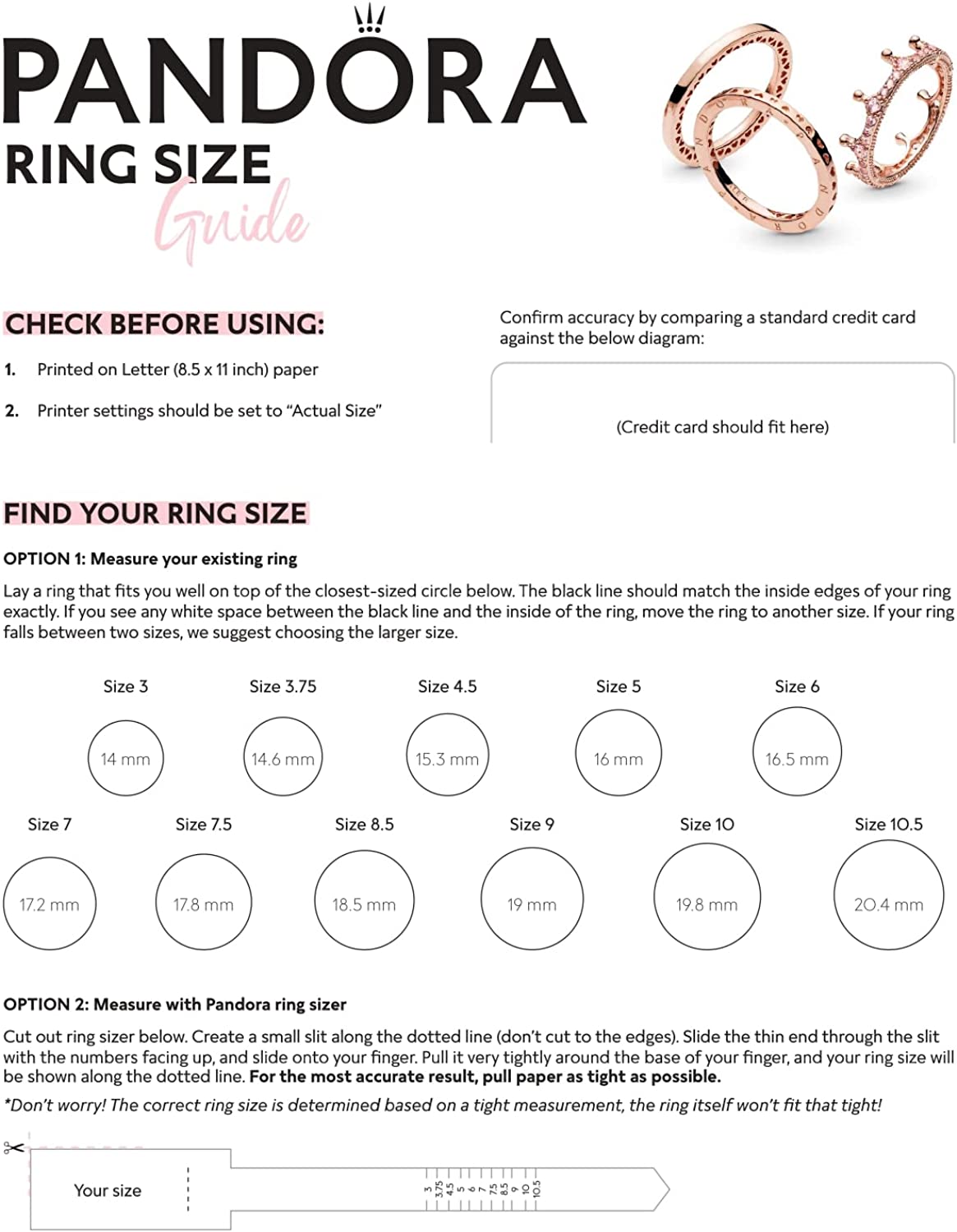 Printable Ring Pandora Ring Size Conversion Chart Circumference Measure 