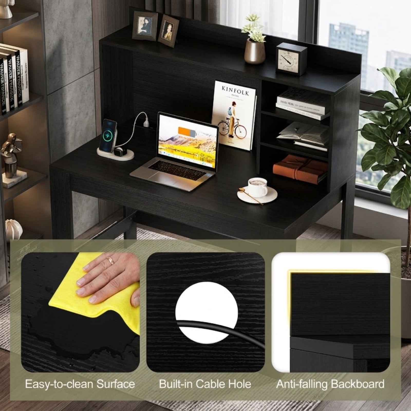 Furnibear Modern Computer Desk with Hutch and Home Office Desk with Storage Shelves Charging Station and USB Ports for Study and Bedroom, Black