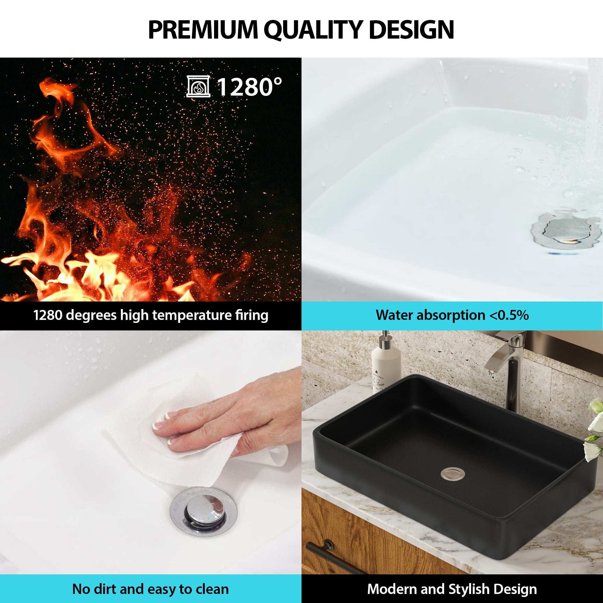 Mocoloo 24" Black Rectangle Bathroom Sink Modern Above Counter Porcelain Ceramic Sink Art Basin