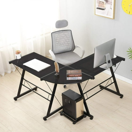 L Shape Tempered Glass Computer Desk W Keyboard Tray Cpu Stand Corner Laptop Pc Table Workstation Home Office Furniture Black