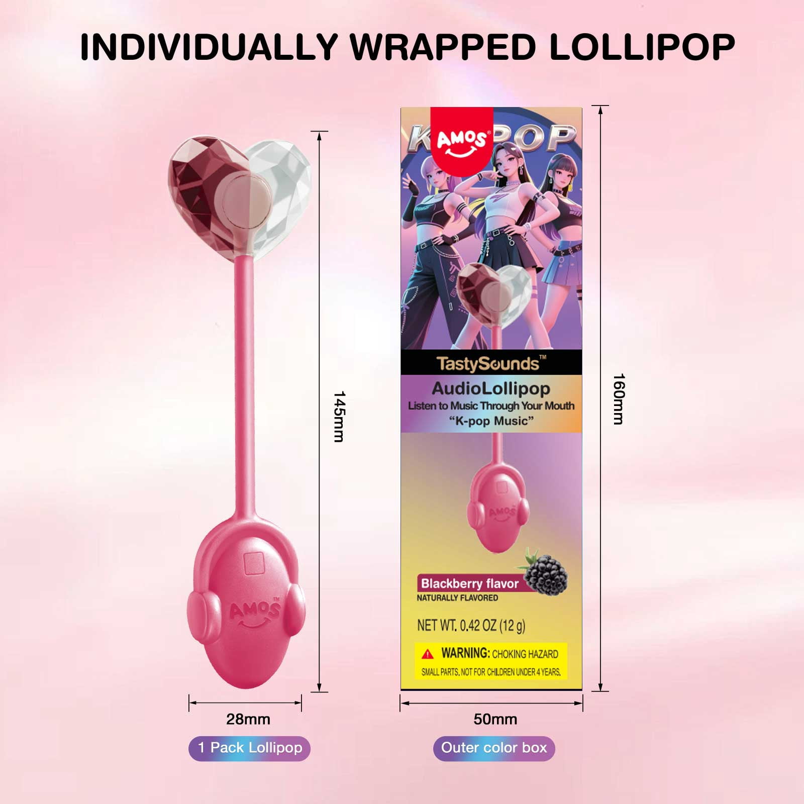 Amos Tastysounds Music Lollipops, K-pop Music Sucker Natural Flavor No Sugar Lollipops