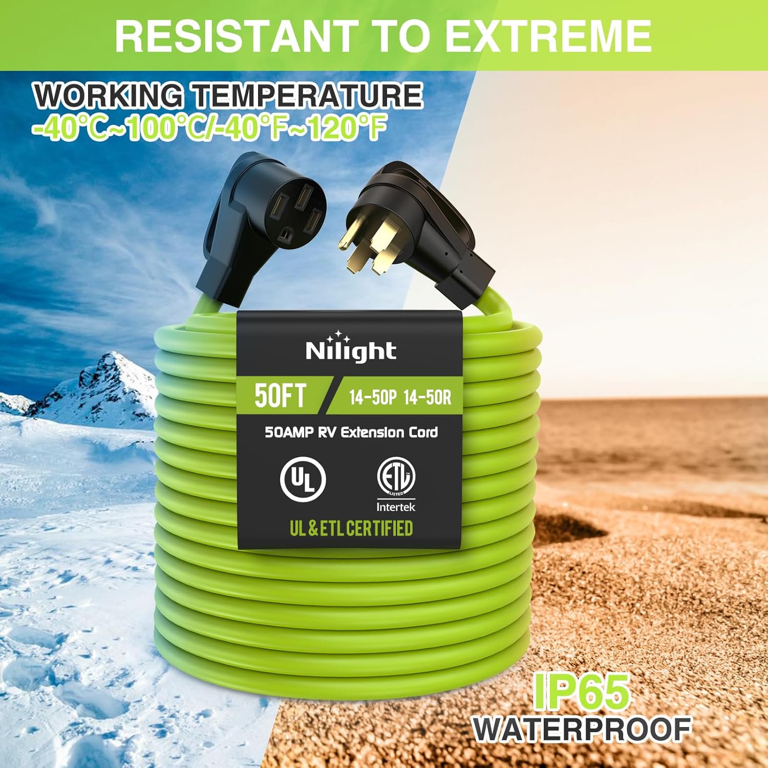 Nilight 50FT 50 Amp RV Extension Cord 250V Heavy Duty 6/3+8/1 Gauge Pure Copper STW Wire UL ETL Listed 4 Prong 14-50P 14-50R Weatherproof Suit for EV Trailer Campers Bright Green