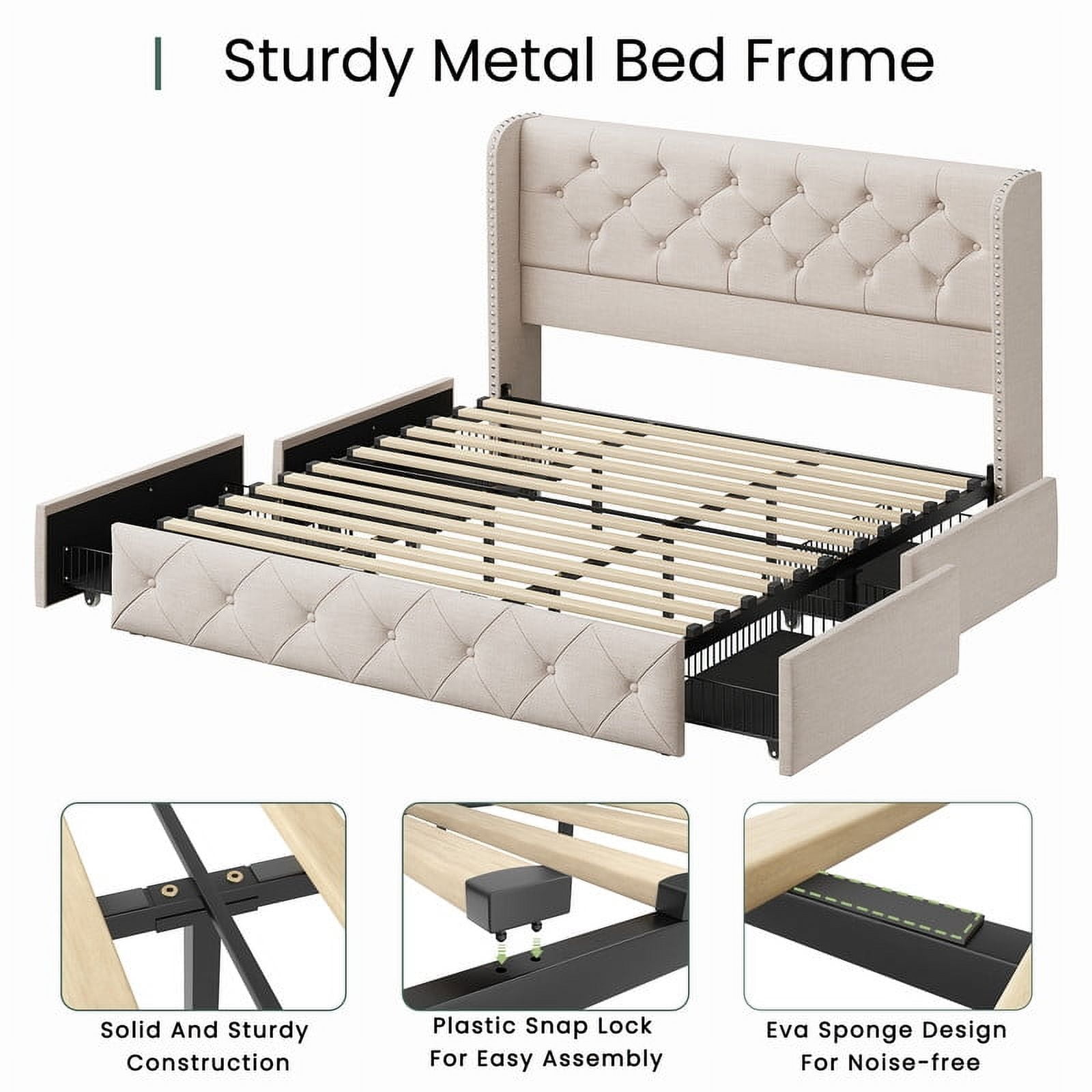 Breltam Queen Size Bed Frame with 4 Storage Drawers, Wingback Tufted Headboard, LED Lights, Beige Velvet Upholstered Platform Bed, No Box Spring Needed