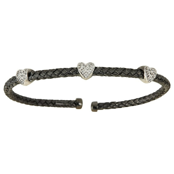 Decadence Sterling Silver Black Basketweave Heart Station Cuff Bangle
