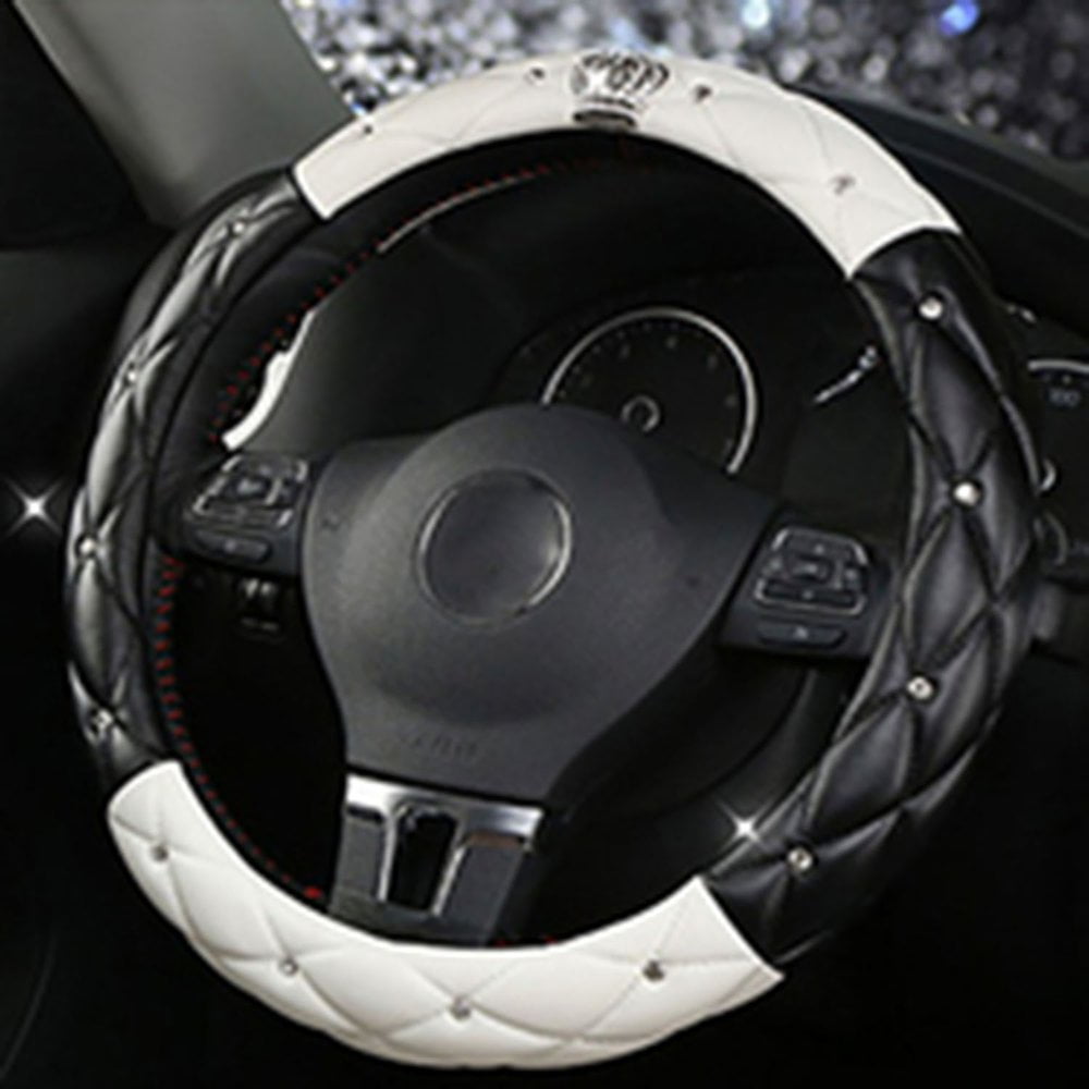 1Pcs Fashion White Leather DAD Diamond Crown Car Steering Wheel Cover 38CM 003 