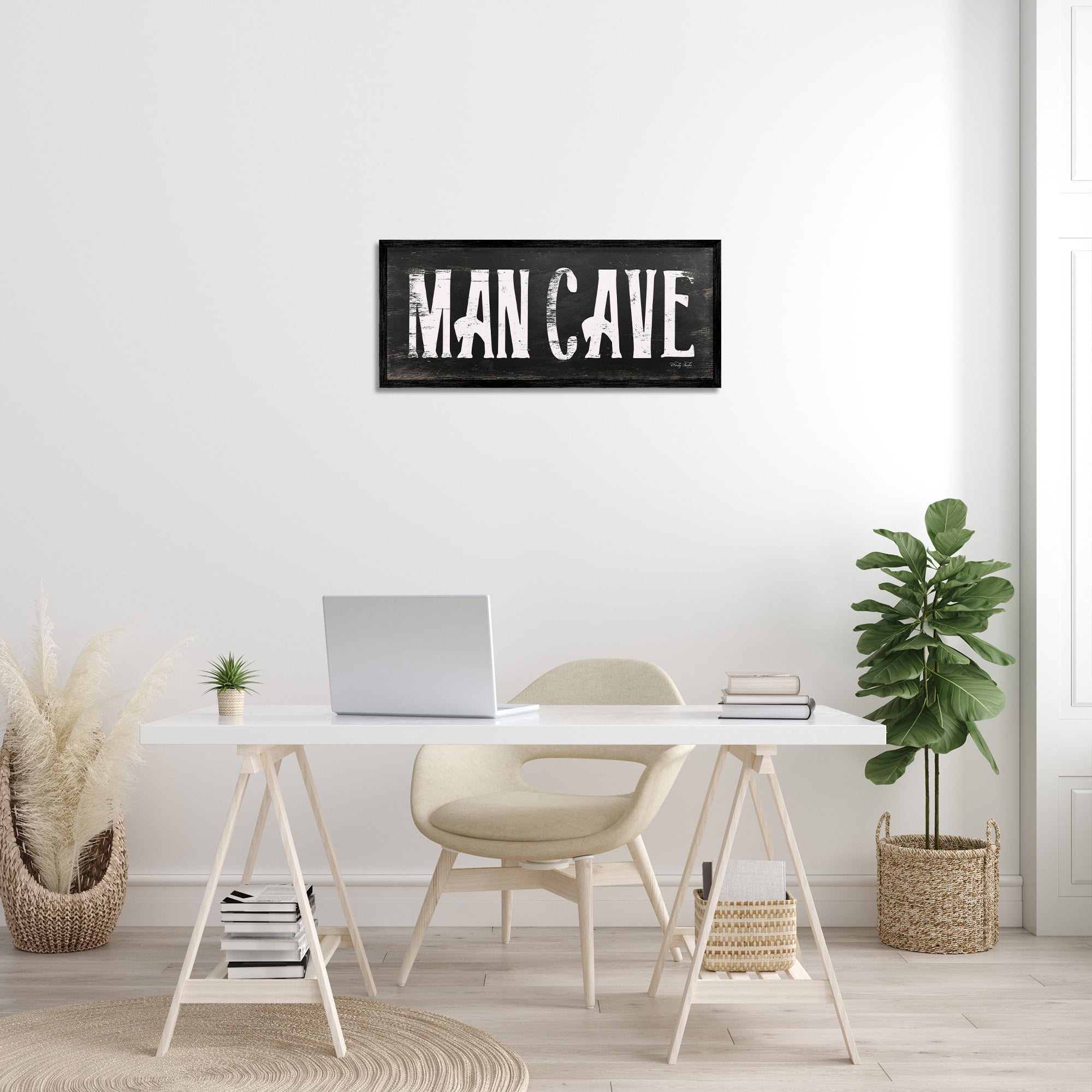 Stupell Industries Man Cave Black And White Typography Painting Black Framed Art Print Wall Art, 30 x 13