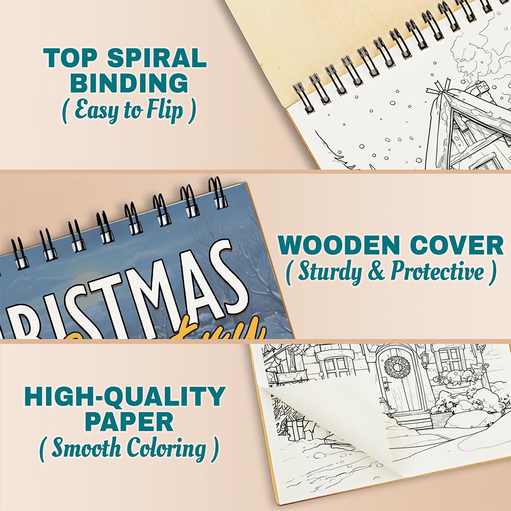 Netecom Country Christmas Coloring Book Spiral Bound for Adults, A5 Wooden Cover, 30 Charming Coloring Pages of Winter Day for Stress Relief and Relaxation