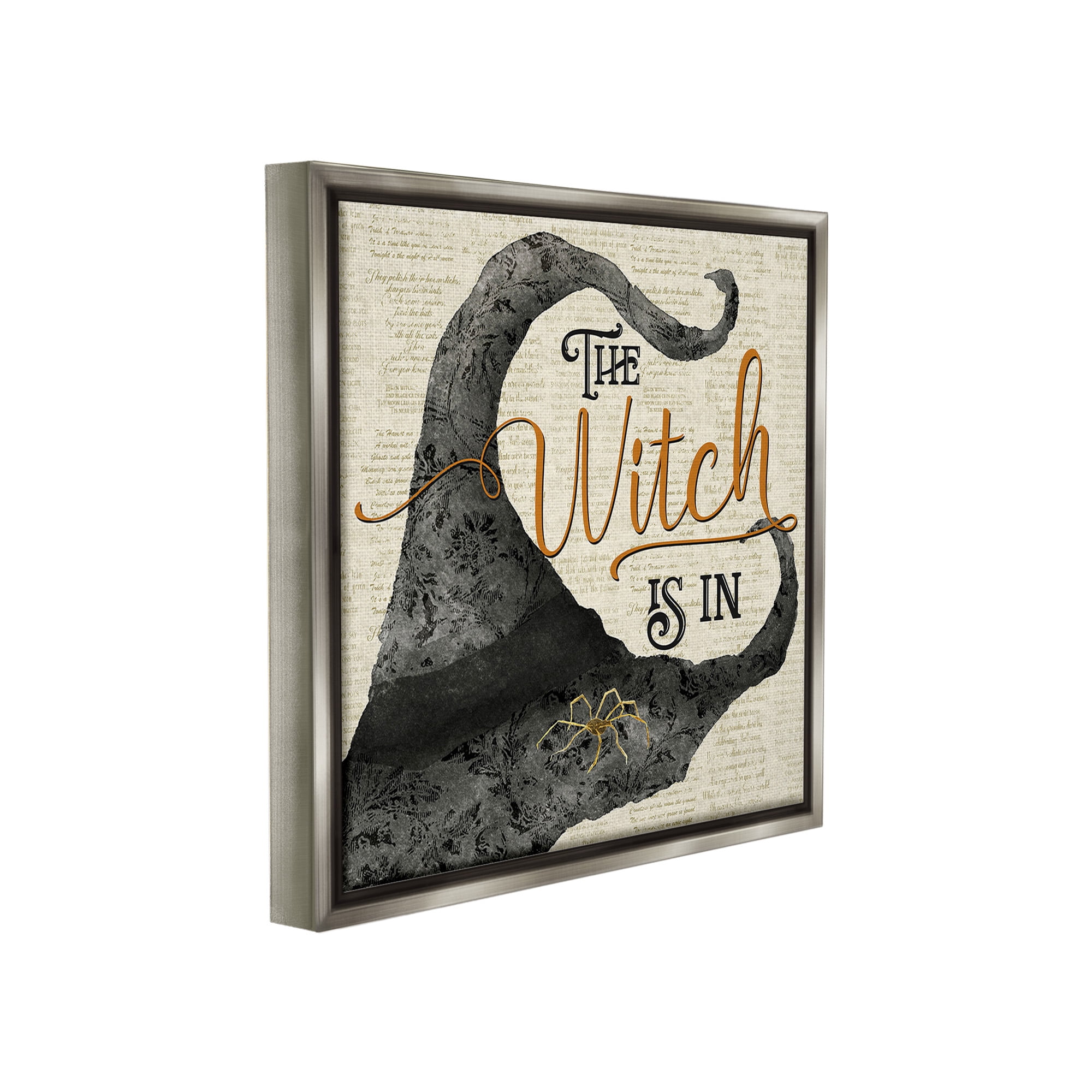 Stupell Industries Vintage Witch Hat Phrase Holiday Painting Gray Floater Framed Canvas Art Print Wall Art, 18 x 18