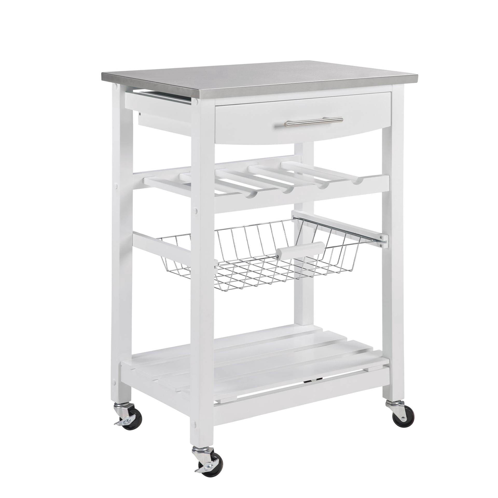 Mobile Rolling Kitchen Island Trolley Serving Cart with Underneath Drawer & Slide-Out Wire Storage Basket