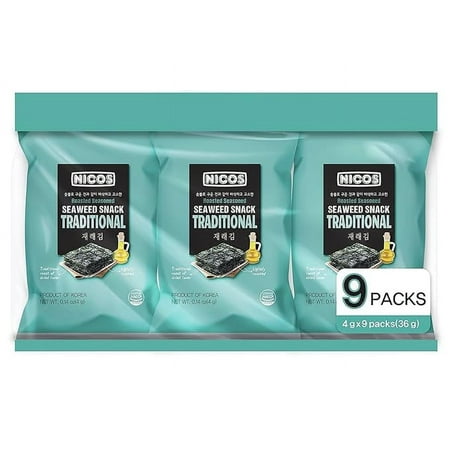 NICOS Traditional Roasted Seasoned Laver Snack  9 Pack  NET WT. 1.26 oz Each