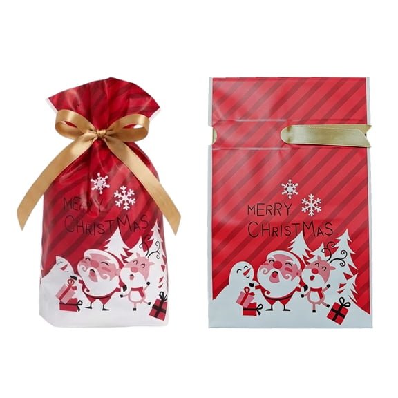 Christmas Drawstring Gift Bags 50 Pcs, 5.9 x 10 Inch Christmas Treat Bags with Gold Ribbon Ties, Santa Xmas Goodie Candy Bags for Holiday Party Favors, Gift Wrapping