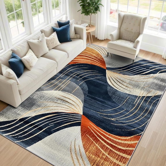 Modern Geometric Area Rugs, Abstract Curve Wave Carpet, Washable Non Slip Low Pile Soft Rug for Living Room Bedroom Decor Mat 3x4ft