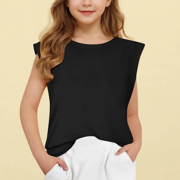 qolati Girls T-Shirt Dressy Casual Crewneck Cap Sleeve Tank Tops Cute Tunic Tee Tops Summer Blouse 5-13 Years