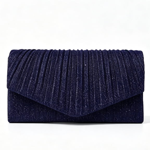 REMANLAND Women's Satin Glitter Pleated Evening Envelope Clutch Purse, Navy Blue
