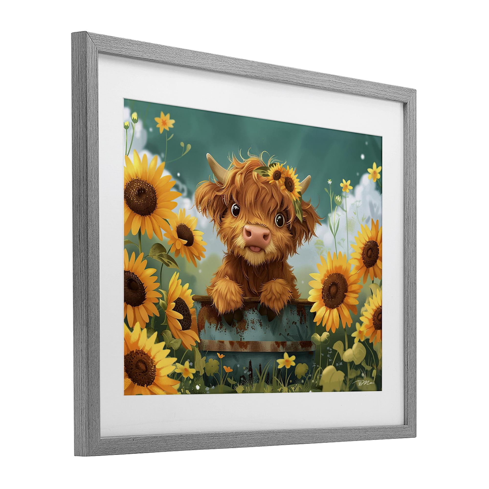 Cute Happy Highland Cow Gray Framed Print Under Glass, design by Momart