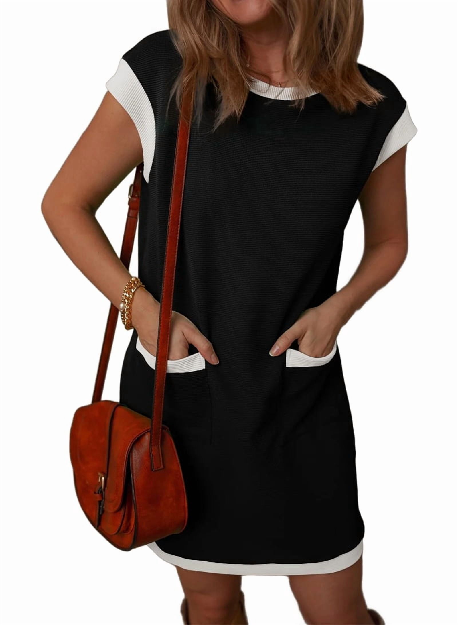 Women'S Casual Summer Dresses Fashion Cap Sleeve Color Block Crewneck Shift Tshirt Mini Dress Black XXL
