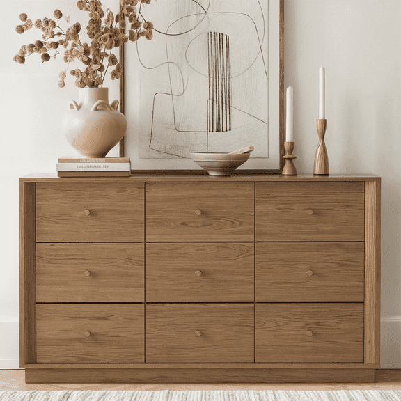9 Drawer Dresser, Mid Century Modern Dresser with Storage, 55" Wide Chest of Drawers with Wood Grain Texture for Bedroom, Living Room, Hallway, Walnut