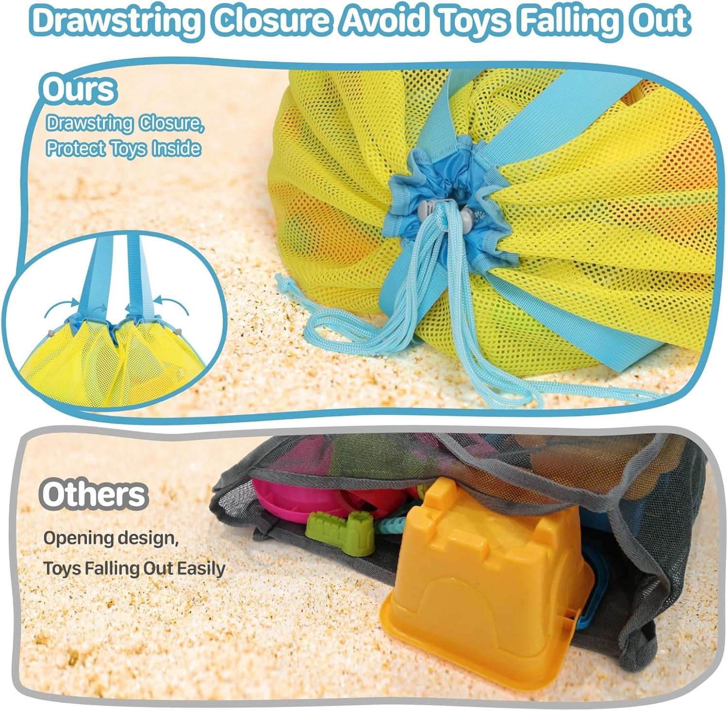 Mesh Beach  Bag With Drawstring - Lightweight Tote for Sand Toys, Foldable Beach Bag for Beach Pool Travel Essentials, Bright Yellow