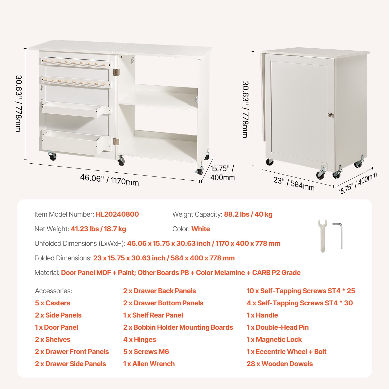 VEVOR Folding Sewing Table, Multipurpose Sewing Machine Table with Compact Design, Wheels, Shelves, Storage Trays, Wooden Pegs, and Magnetic Doors, Sewing Desk Cabinet for Sewing Machine, White