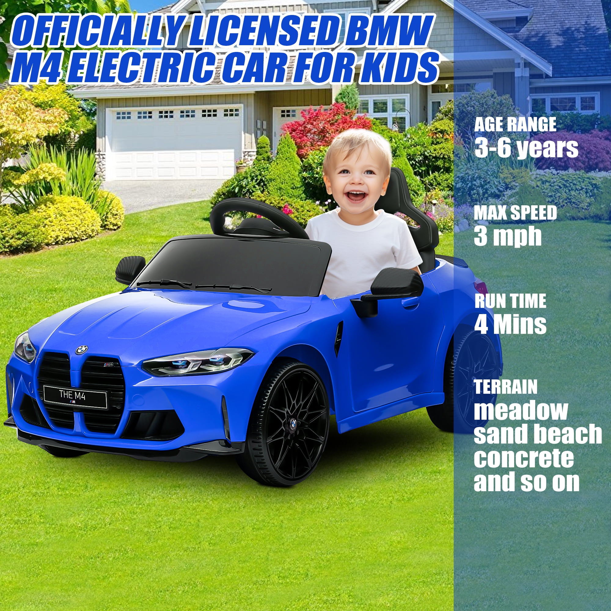 12V Ride on Cars with Remote Control, Licensed BMW M4 Battery Powered Ride on Toys for Kids Boys Girls Gifts, Kids Electric Cars Vehicle with Music, Bluetooth, Story, USB/MP3 Port, LED Light, Blue