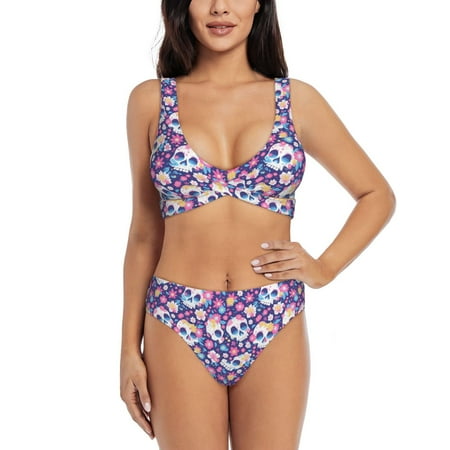 Zeuib blue flower Skull colorful High Waisted Tummy Control Bikini Set - Knot Front Push Up Top & Cheeky Thong Bottom  Two-Piece Swimsuit for Women-Small