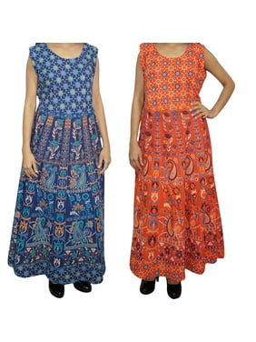 Mogul 2 Bohemian Blue Red Cotton Maxi Dress Printed Sleeveless Boho Chic Comfy Long Dresses L