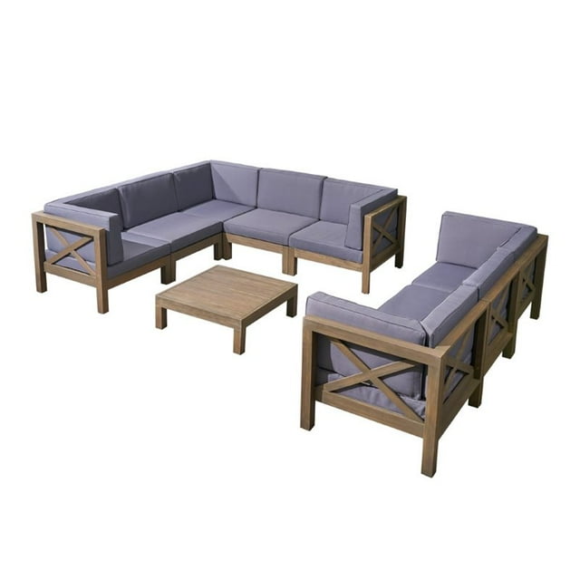 Noble House Brava 9 Piece Outdoor Acacia Wood Sectional Sofa Set in Gray