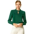 thumbnail image 1 of INSPIRE CHIC Women's Keyhole Stand Collar Pleated Back Button Blouse Tops, 1 of 6