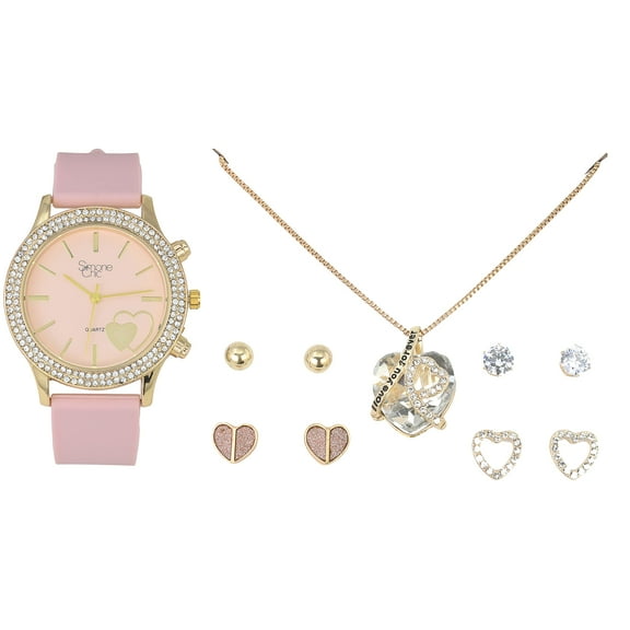 Valentine's Day Beautiful Ladies I Love You Forever 6 pc Jewerly Set with Colorful Rubber Band Bling Watch - Matching Earrings and Heart Pendent Necklace - ST10370 (Pink)