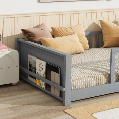 Bellemave Twin Size Floor Bed with Fence, Montessori Floor Twin Bed with Built-in Book Rack, Solid Wood Twin Bed with Slats and Safety Guardrails, Grey