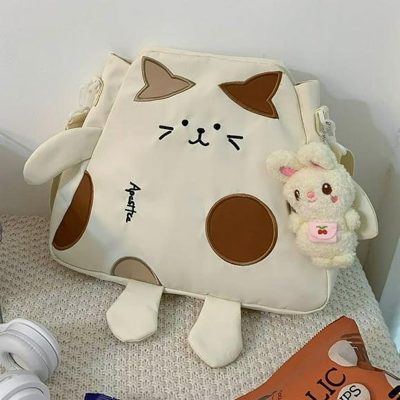 Cute Cat Shape Crossbody Bag Kawaii Shoulder Bag Large Capacity for Work (White)